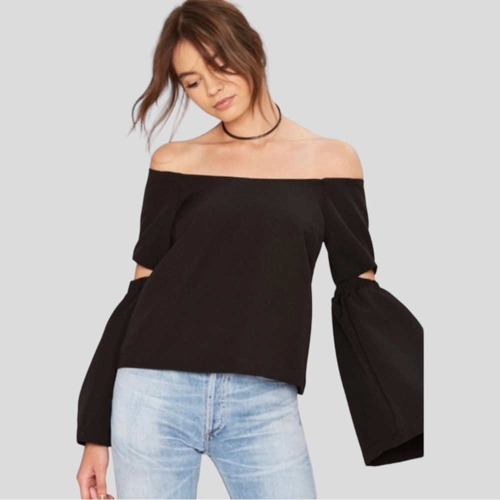 Re:Named Black Crepe Off The Shoulder Cutout Bell Sleeve Lightweight Blouse M